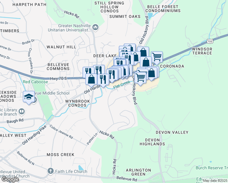 map of restaurants, bars, coffee shops, grocery stores, and more near 111 Old Hickory Boulevard in Nashville