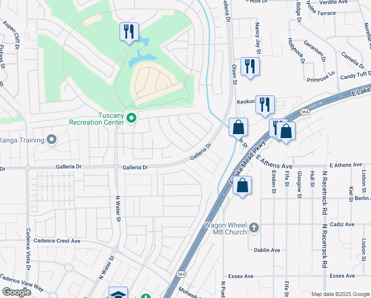 map of restaurants, bars, coffee shops, grocery stores, and more near 1035 Via Calderia Place in Henderson