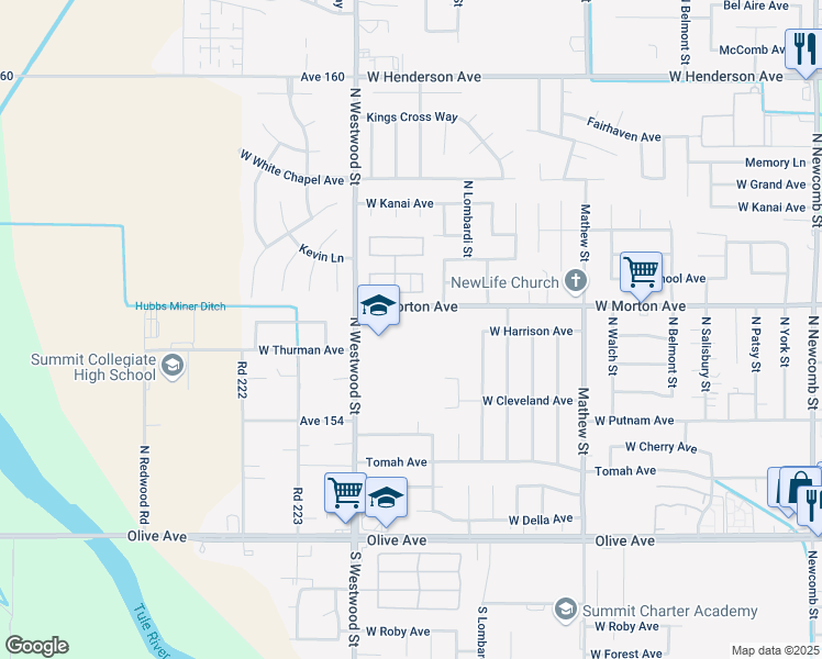 map of restaurants, bars, coffee shops, grocery stores, and more near 2375 West Morton Avenue in Porterville