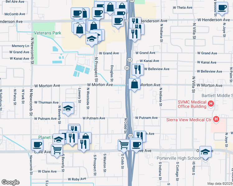 map of restaurants, bars, coffee shops, grocery stores, and more near 341 North Capitola Court in Porterville