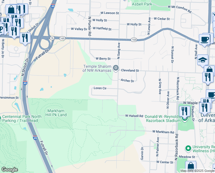 map of restaurants, bars, coffee shops, grocery stores, and more near 2134 Loren Circle in Fayetteville