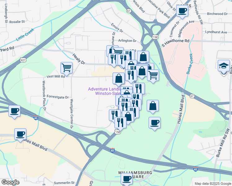 map of restaurants, bars, coffee shops, grocery stores, and more near 1614 Genia Drive in Winston-Salem