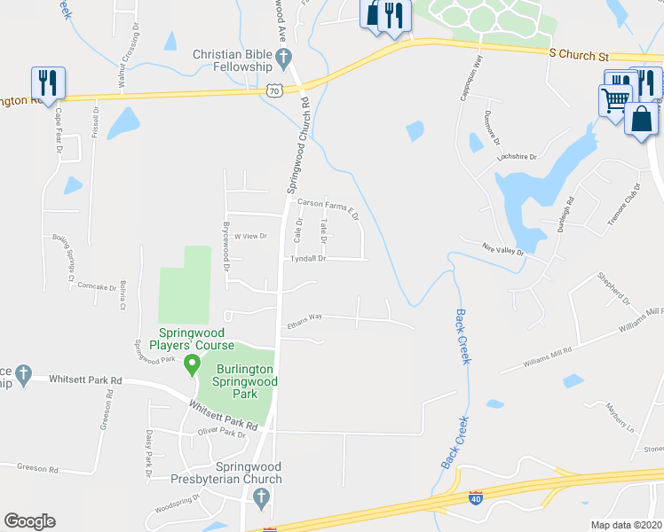 map of restaurants, bars, coffee shops, grocery stores, and more near 302 Tyndall Drive in Burlington