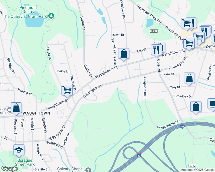 map of restaurants, bars, coffee shops, grocery stores, and more near 2334 East Sprague Street in Winston-Salem