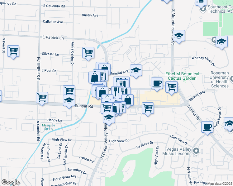 map of restaurants, bars, coffee shops, grocery stores, and more near 4300 East Sunset Road in Henderson