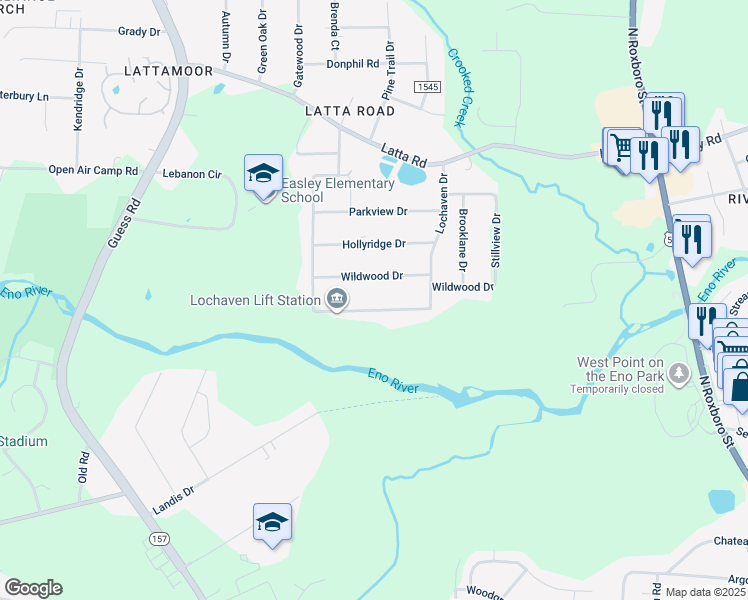 map of restaurants, bars, coffee shops, grocery stores, and more near 522 Wanda Ridge Drive in Durham