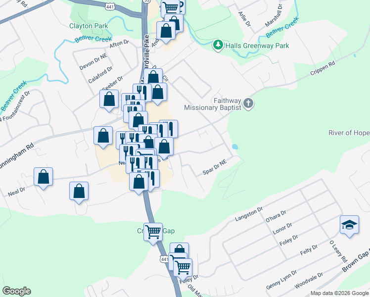 map of restaurants, bars, coffee shops, grocery stores, and more near 4109 Doris Circle in Knoxville