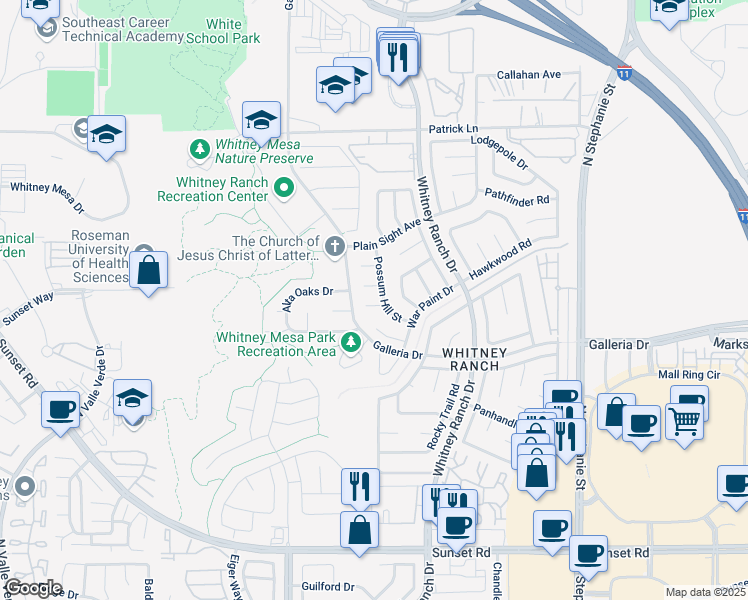 map of restaurants, bars, coffee shops, grocery stores, and more near 1536 Pony Ranch Circle in Henderson