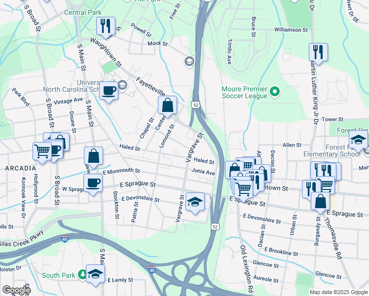 map of restaurants, bars, coffee shops, grocery stores, and more near 344 Wood Street Southeast in Winston-Salem