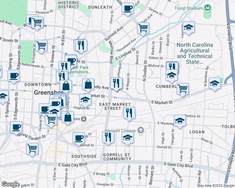 map of restaurants, bars, coffee shops, grocery stores, and more near in Greensboro