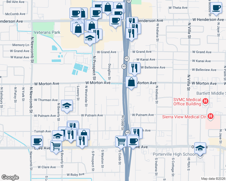 map of restaurants, bars, coffee shops, grocery stores, and more near 341 North Capitola Court in Porterville