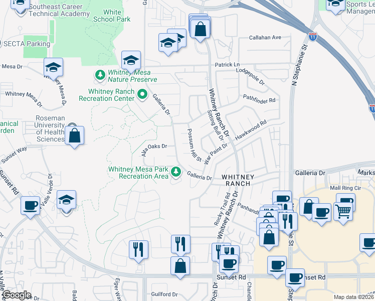 map of restaurants, bars, coffee shops, grocery stores, and more near 1536 Pony Ranch Circle in Henderson