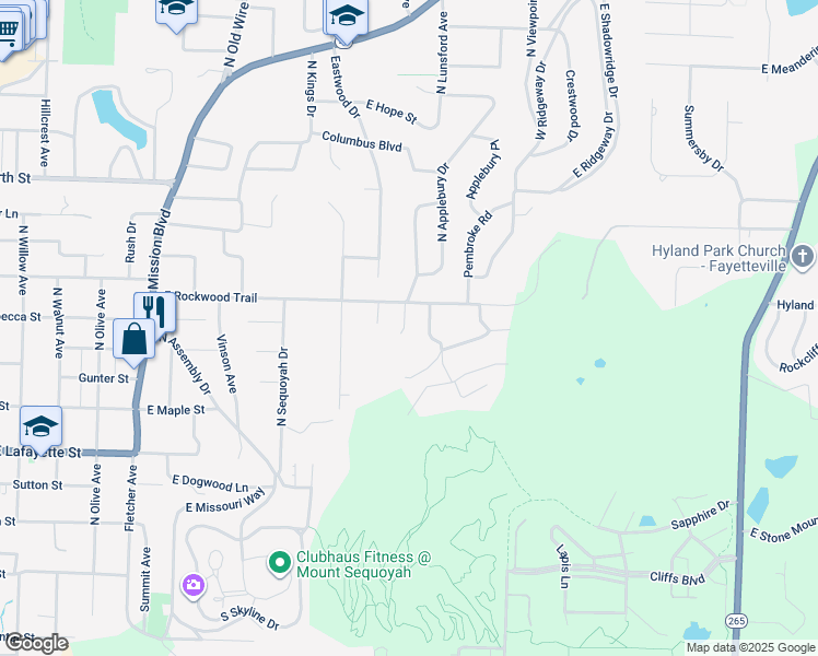 map of restaurants, bars, coffee shops, grocery stores, and more near 708 North Anna Place in Fayetteville