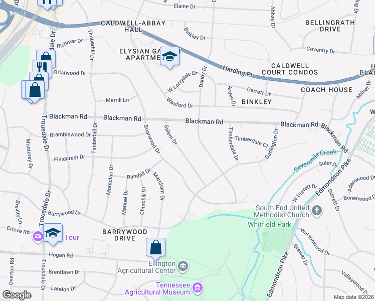 map of restaurants, bars, coffee shops, grocery stores, and more near 4926 Salem Drive in Nashville