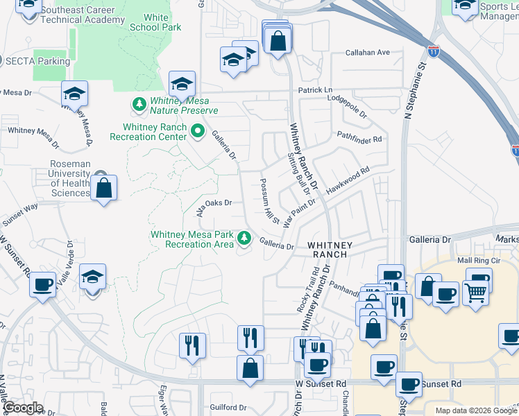map of restaurants, bars, coffee shops, grocery stores, and more near 1533 Pony Ranch Circle in Henderson