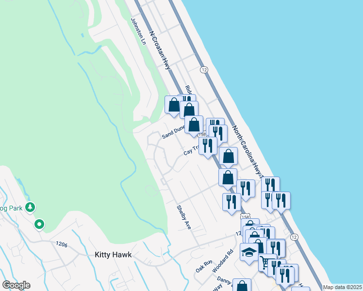 map of restaurants, bars, coffee shops, grocery stores, and more near 4108 Captain Hobbs Court in Kitty Hawk