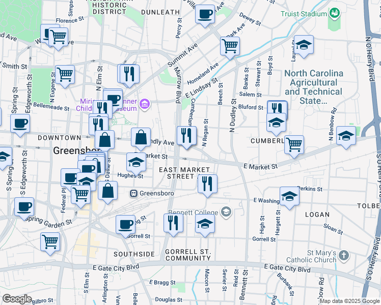 map of restaurants, bars, coffee shops, grocery stores, and more near in Greensboro