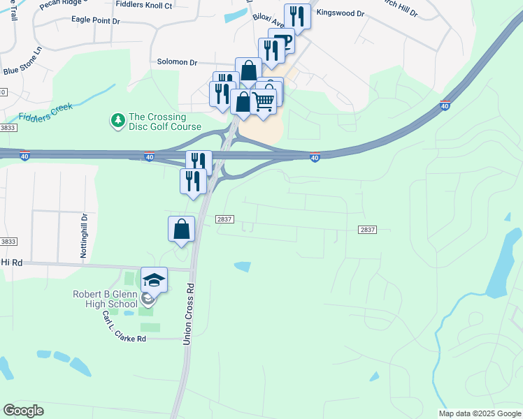 map of restaurants, bars, coffee shops, grocery stores, and more near 1136 Glennview Drive in Kernersville