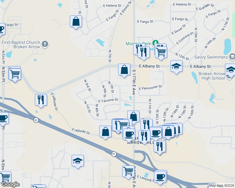 map of restaurants, bars, coffee shops, grocery stores, and more near 1901 North 7th Street in Broken Arrow