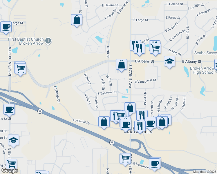 map of restaurants, bars, coffee shops, grocery stores, and more near 1901 North 7th Street in Broken Arrow