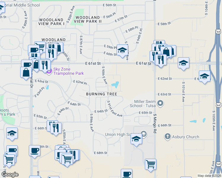 map of restaurants, bars, coffee shops, grocery stores, and more near 8946 East 62nd Court in Tulsa