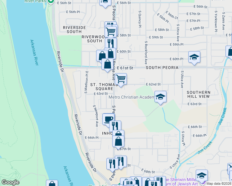 map of restaurants, bars, coffee shops, grocery stores, and more near 6304 South Peoria Avenue in Tulsa