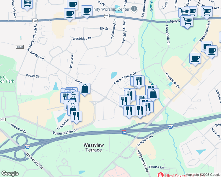 map of restaurants, bars, coffee shops, grocery stores, and more near 789 Boone Station Drive in Burlington