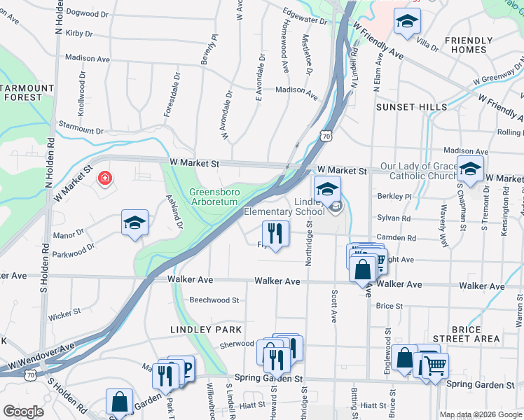 map of restaurants, bars, coffee shops, grocery stores, and more near 214 Hermitage Road in Greensboro