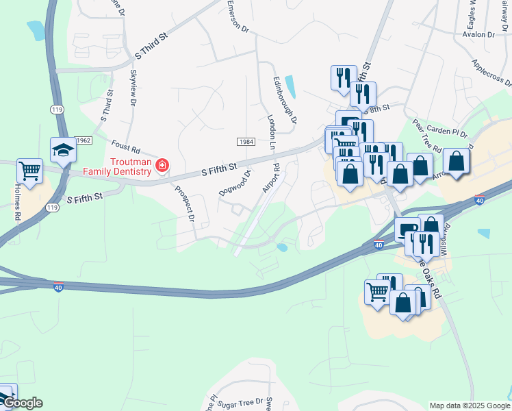 map of restaurants, bars, coffee shops, grocery stores, and more near Airport Road in Mebane