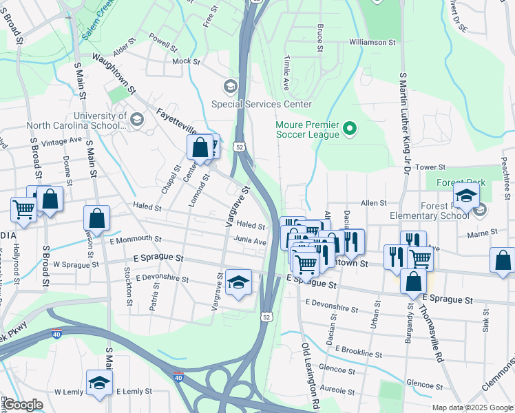 map of restaurants, bars, coffee shops, grocery stores, and more near 528 Waughtown Street in Winston-Salem