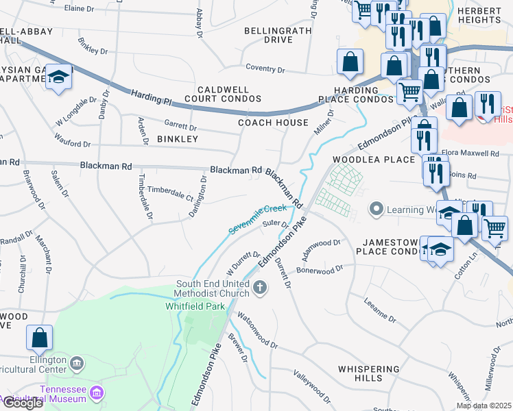 map of restaurants, bars, coffee shops, grocery stores, and more near 301 Timberdale Court in Nashville