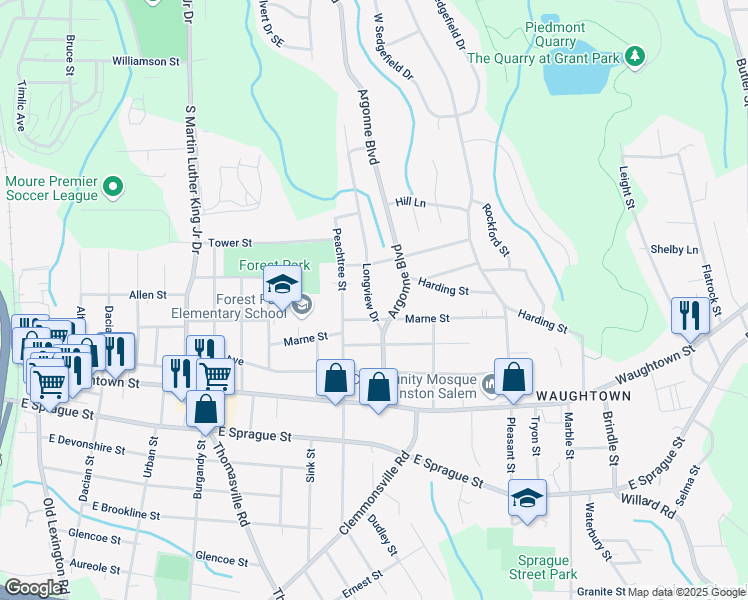 map of restaurants, bars, coffee shops, grocery stores, and more near 1731 Longview Drive in Winston-Salem