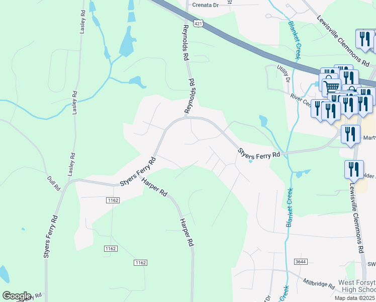 map of restaurants, bars, coffee shops, grocery stores, and more near 6187 La Crosse Court in Clemmons