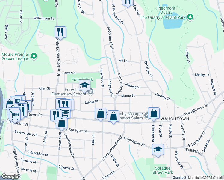 map of restaurants, bars, coffee shops, grocery stores, and more near 1731 Longview Drive in Winston-Salem