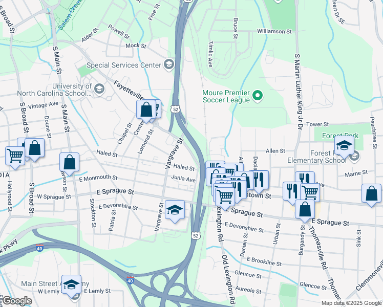 map of restaurants, bars, coffee shops, grocery stores, and more near 528 Waughtown Street in Winston-Salem