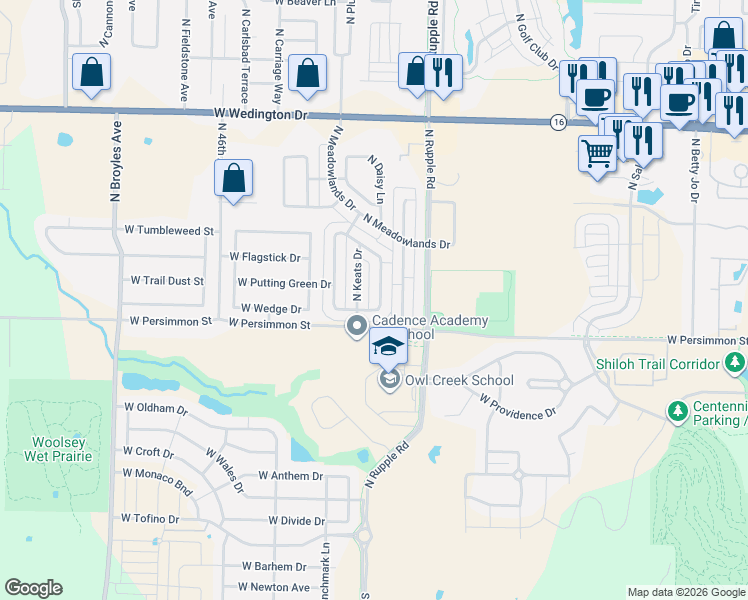 map of restaurants, bars, coffee shops, grocery stores, and more near 530 North Tennyson Lane in Fayetteville