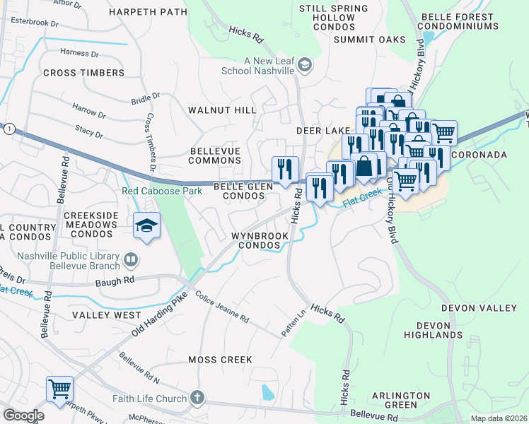 map of restaurants, bars, coffee shops, grocery stores, and more near 7120 Old Harding Pike in Nashville