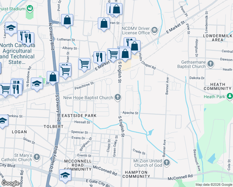 map of restaurants, bars, coffee shops, grocery stores, and more near 238 South English Street in Greensboro