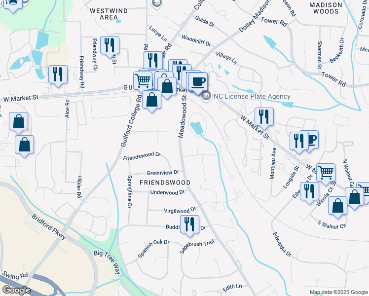map of restaurants, bars, coffee shops, grocery stores, and more near 212 Meadowood Street in Greensboro