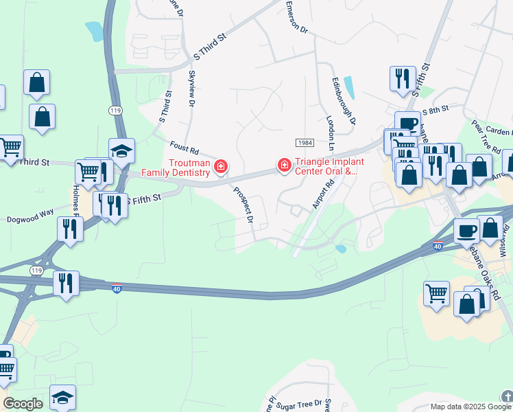 map of restaurants, bars, coffee shops, grocery stores, and more near 1163 Hudson Drive in Mebane
