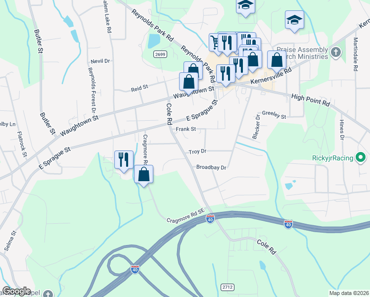 map of restaurants, bars, coffee shops, grocery stores, and more near 2329 Cole Road in Winston-Salem