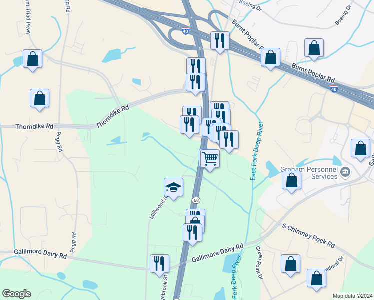 map of restaurants, bars, coffee shops, grocery stores, and more near 238 North Carolina 68 in Greensboro