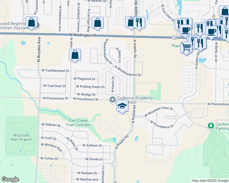 map of restaurants, bars, coffee shops, grocery stores, and more near 4231 West Marlowe Lane in Fayetteville