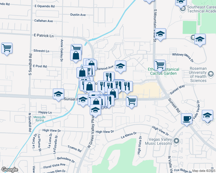 map of restaurants, bars, coffee shops, grocery stores, and more near 4300 East Sunset Road in Henderson