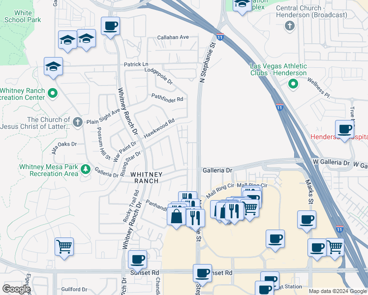 map of restaurants, bars, coffee shops, grocery stores, and more near 855 North Stephanie Street in Henderson