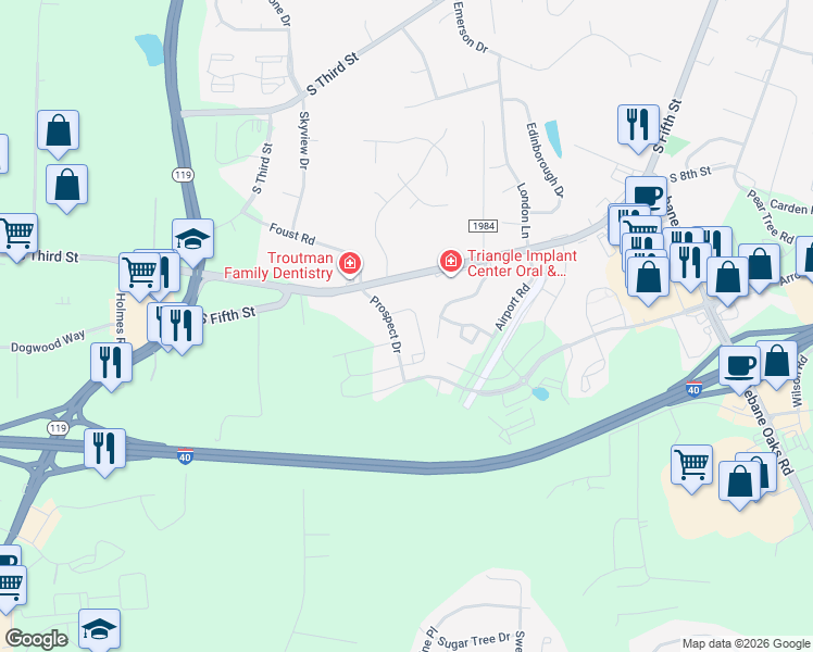 map of restaurants, bars, coffee shops, grocery stores, and more near 1163 Hudson Drive in Mebane