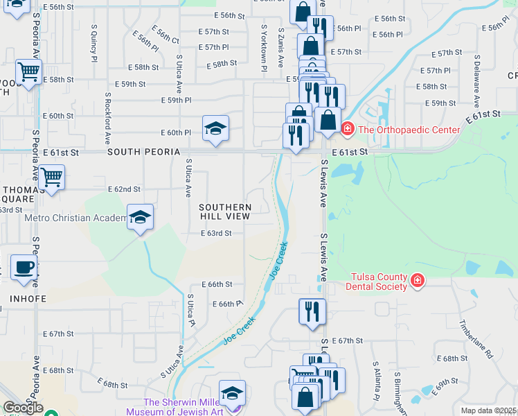 map of restaurants, bars, coffee shops, grocery stores, and more near 6246 South Yorktown Place in Tulsa