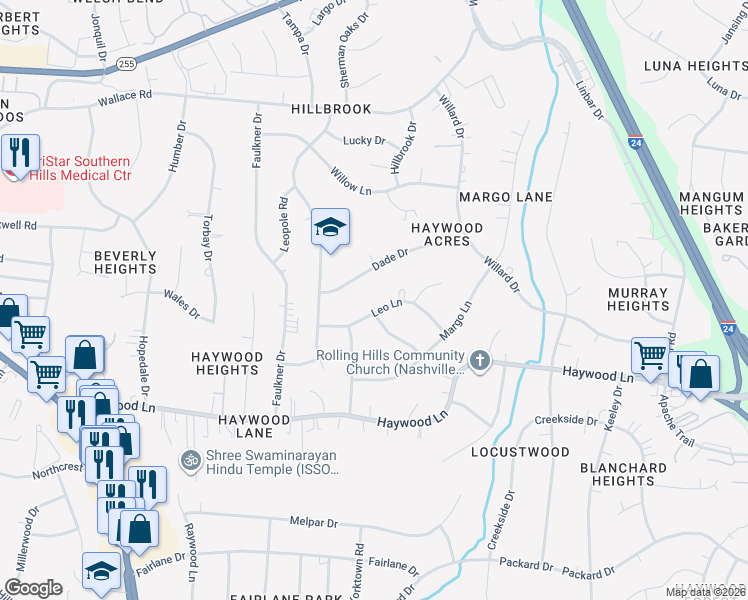 map of restaurants, bars, coffee shops, grocery stores, and more near 3800 Barlow Drive in Nashville