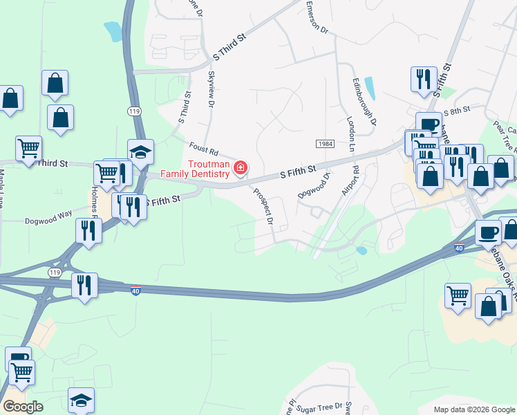 map of restaurants, bars, coffee shops, grocery stores, and more near 1224 Prospect Drive in Mebane