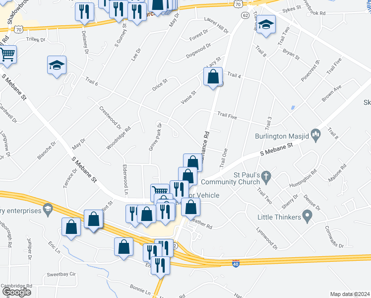 map of restaurants, bars, coffee shops, grocery stores, and more near 601 Alamance Road in Burlington